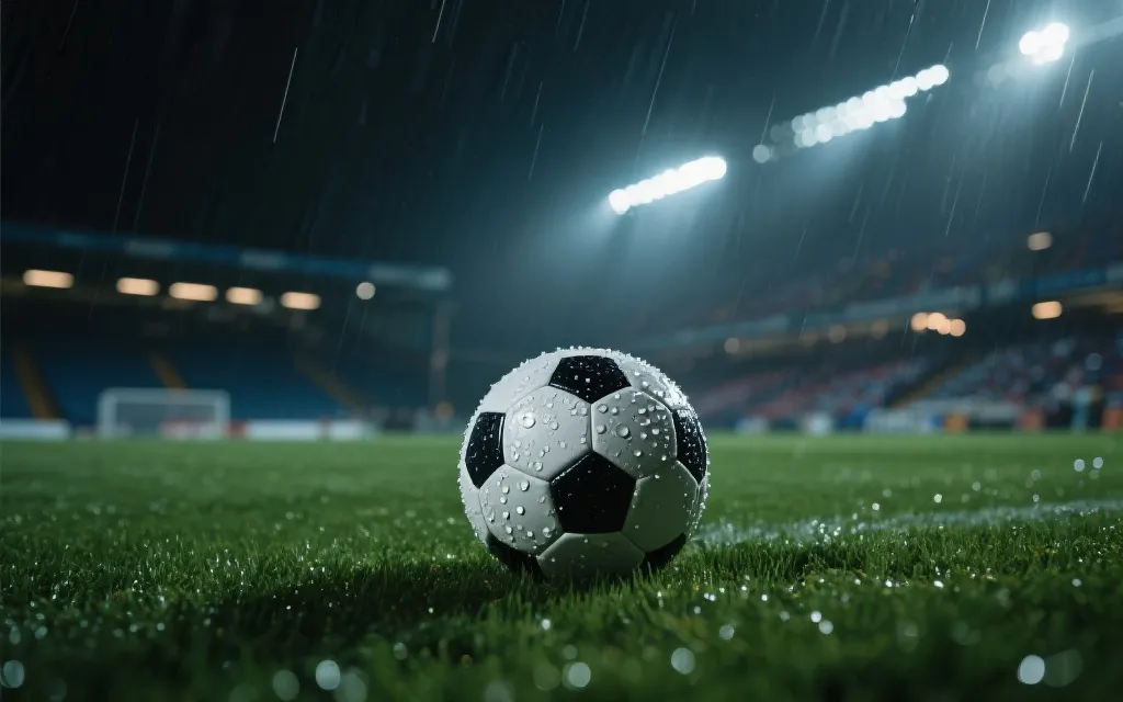 雨夜球场灯光下的草皮与足球，体现天气场地对比赛节奏的影响